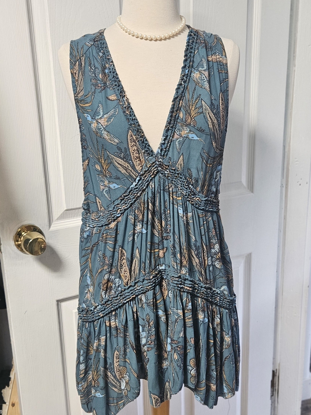 Free People Teal Blue Bird-Print Deep V Tiered Mini Dress/Tunic Top Medium